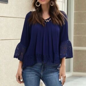 NWT 3/4 Bell Sleeve Lace Up Lace Trim Top Blouse